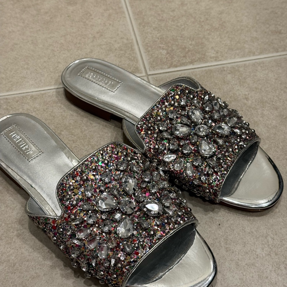 Silver Embellished Women's Slides